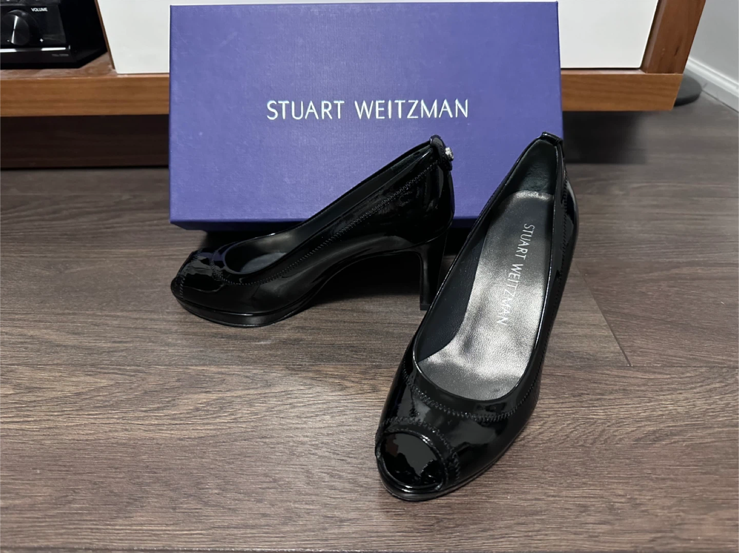 Stuart Weitzman Black Patent Leather Peep-Toe Heels size 4