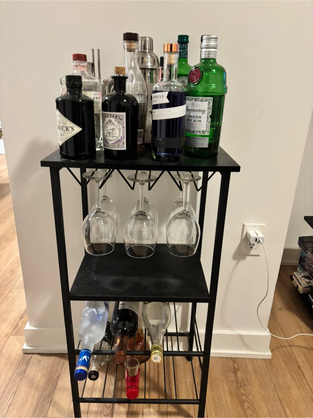 Black Metal Bar Cart with Wine Glass Holder- comes with glasses
