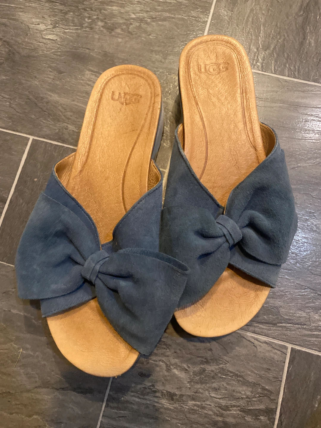 Ugg Blue Suede Bow Slide Sandals