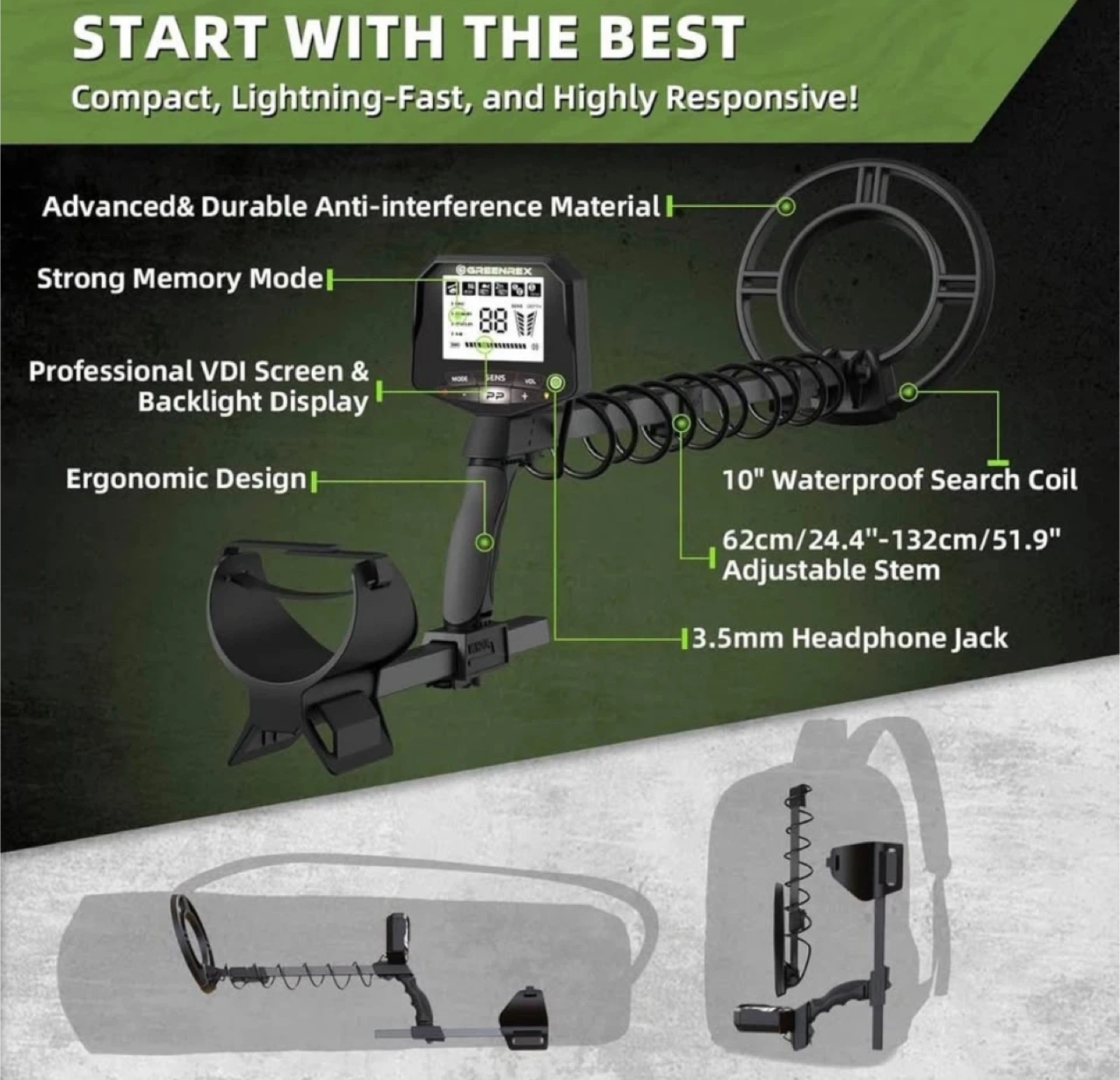 NEW - Greenrex REX-8 Starter Metal Detector for Treasure Hunting