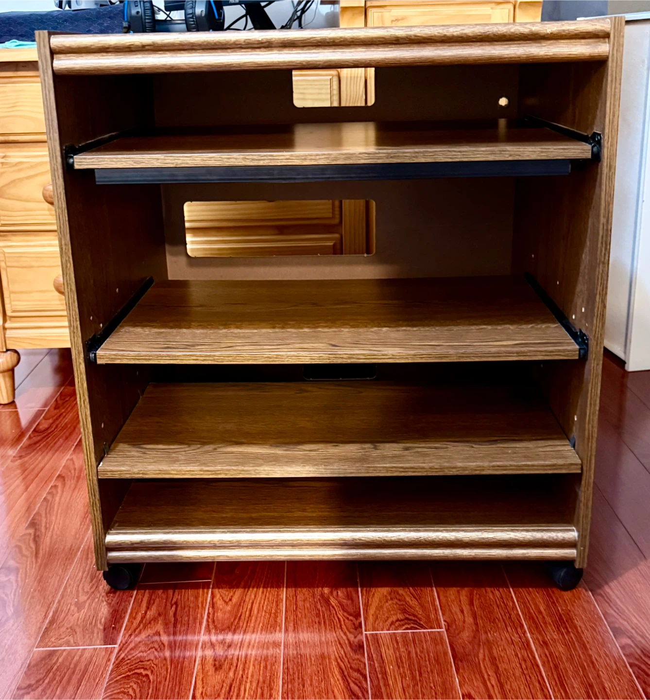 Wood Media Console Stand with Shelves and Wheels
