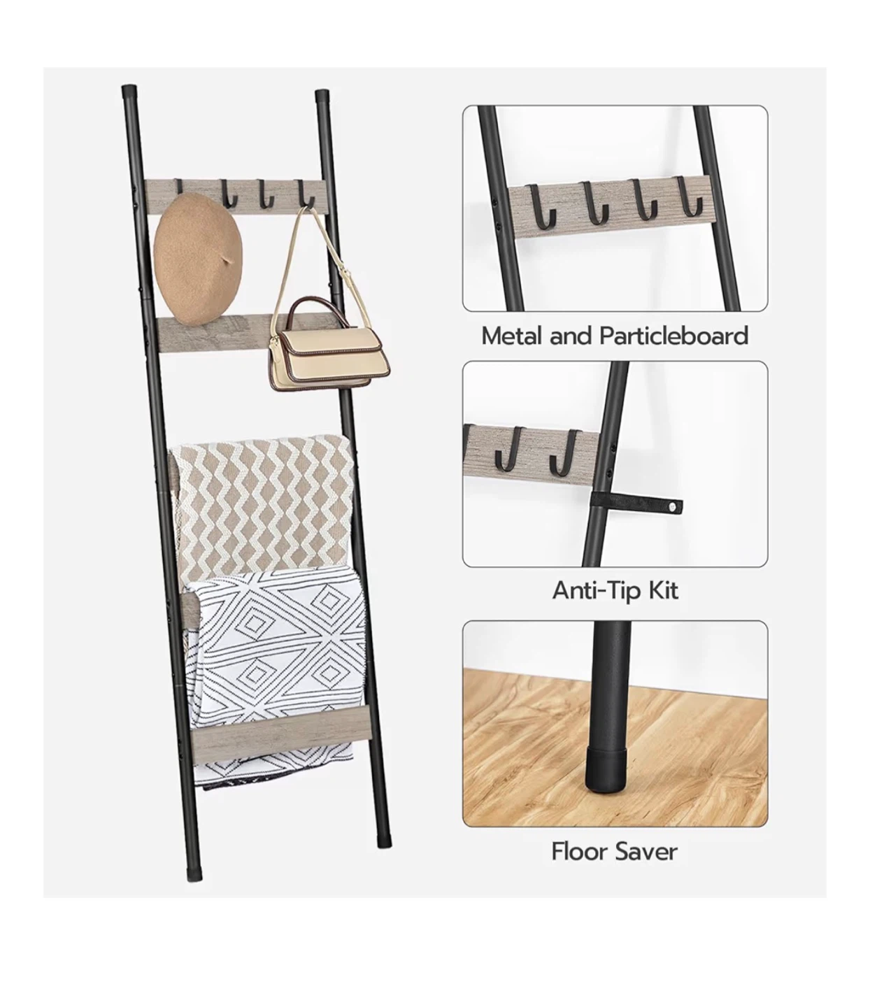 NEW-Ladder Shelf with 5 Shelves and 4 Hooks - photo 3