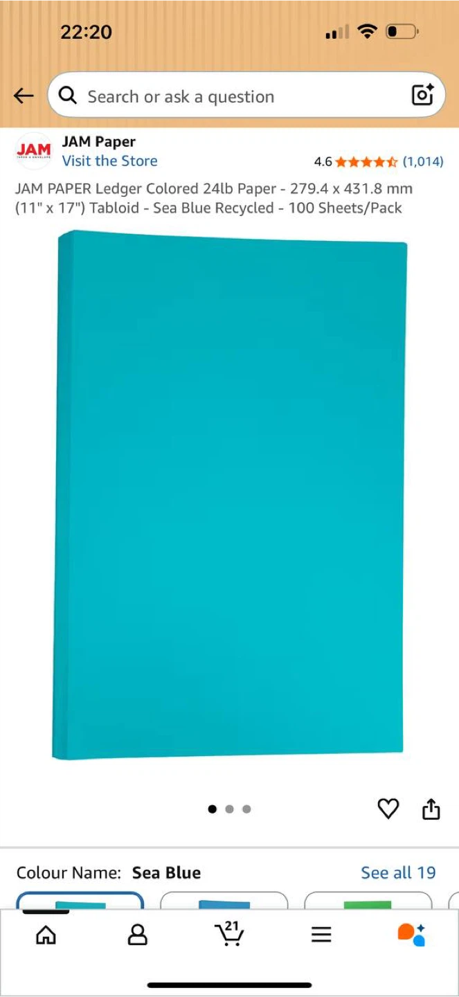 JAM Paper Ledger Colored Paper – Sea Blue (11” x 17”) – 100 Sh