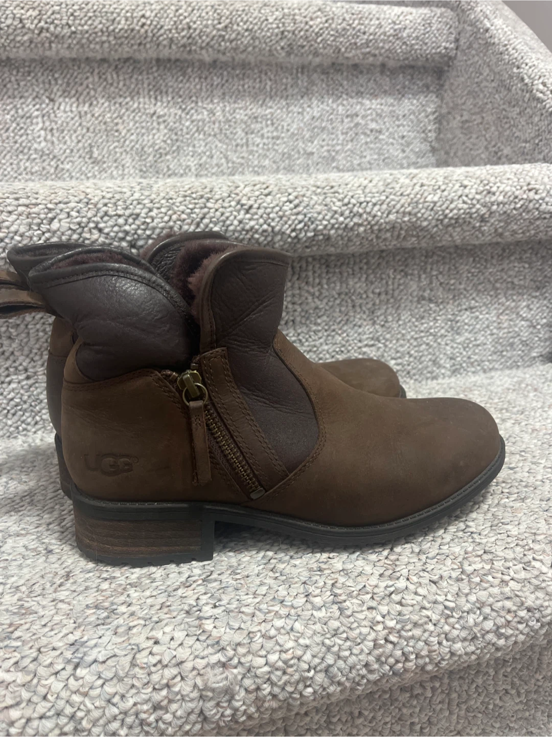 UGG Brown Leather Ankle Boots with Side Zip