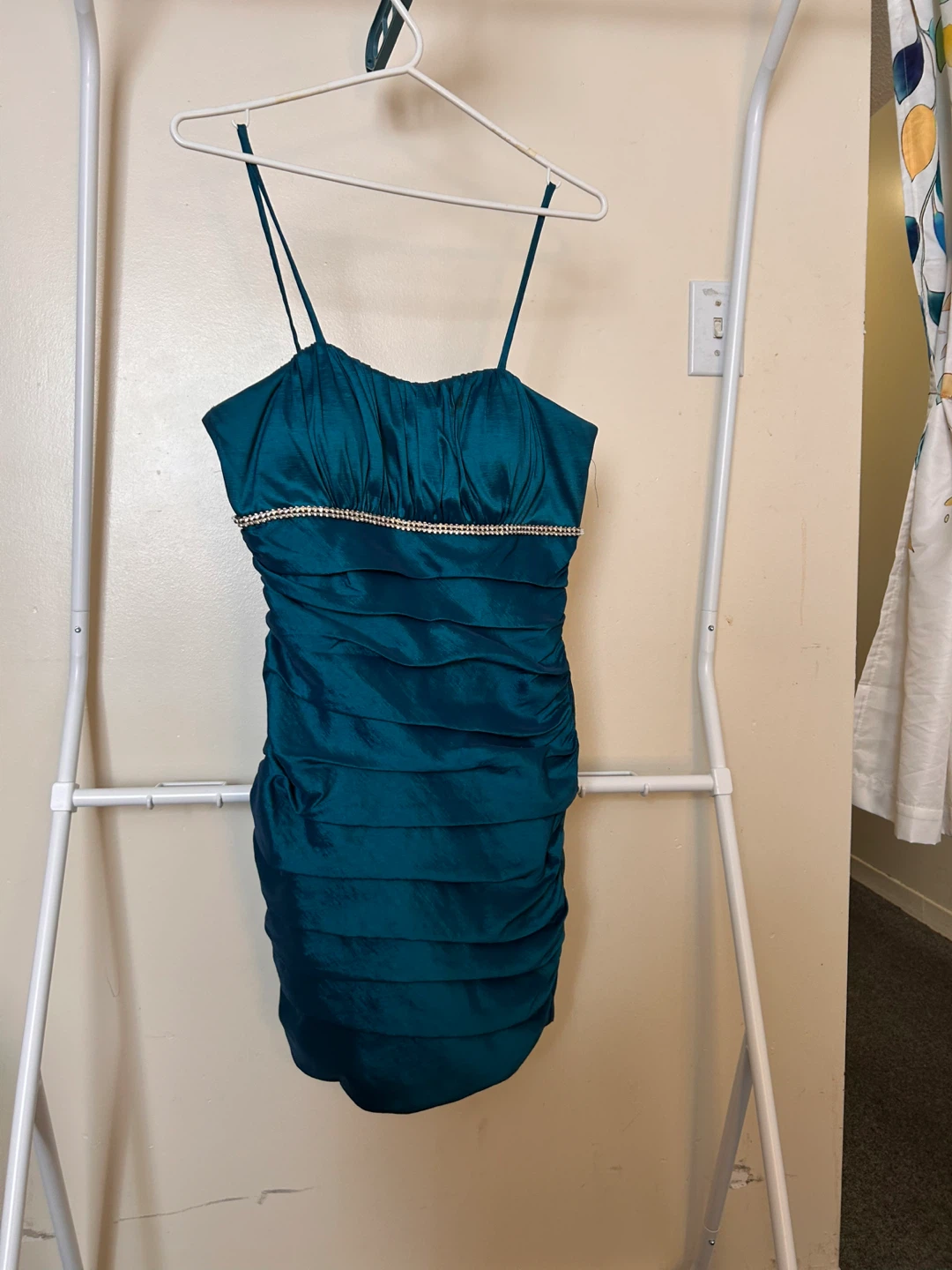 Teal ruched party dress with rhinestone accent