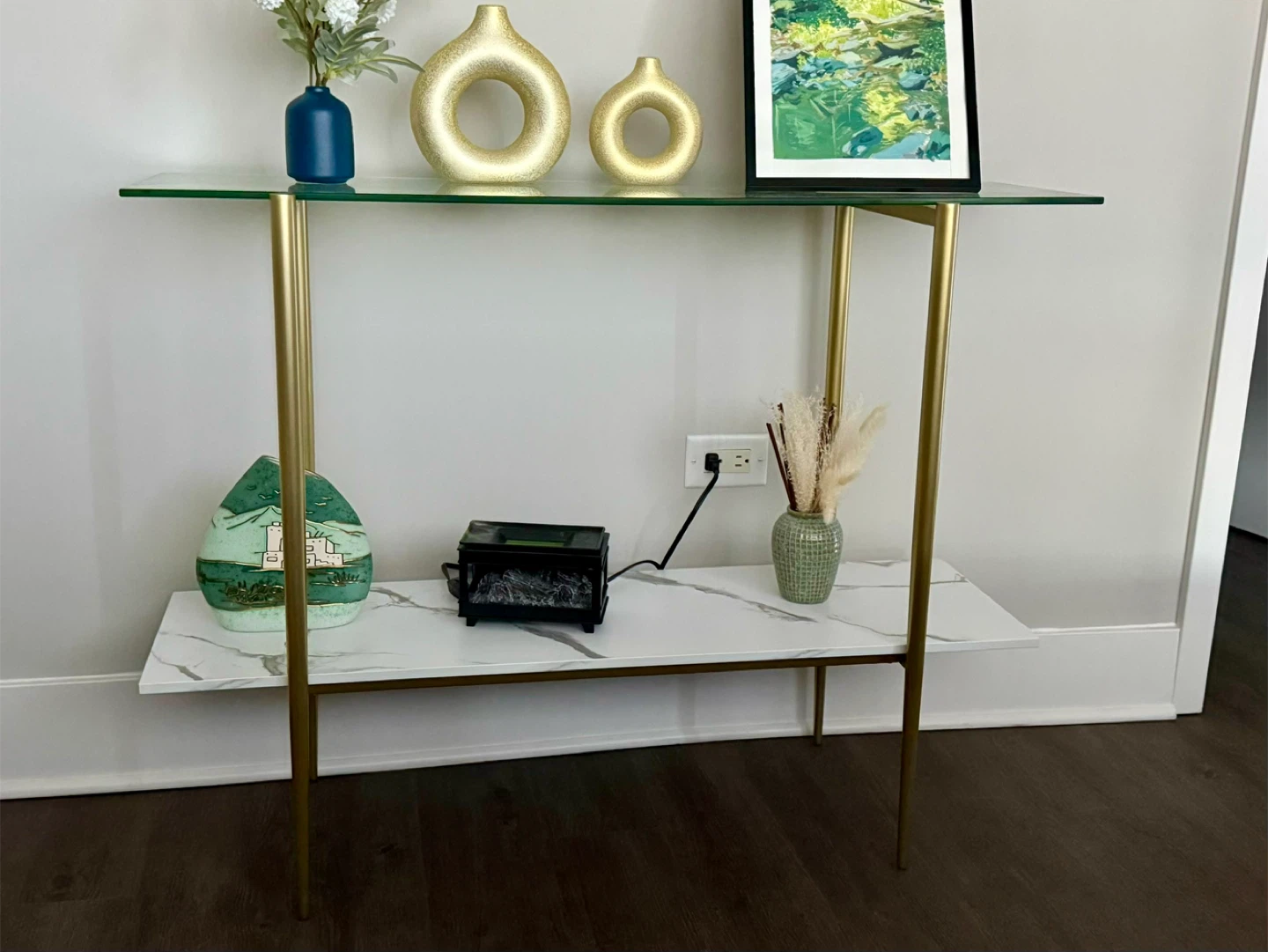 Glass Top Console Table with Gold Legs