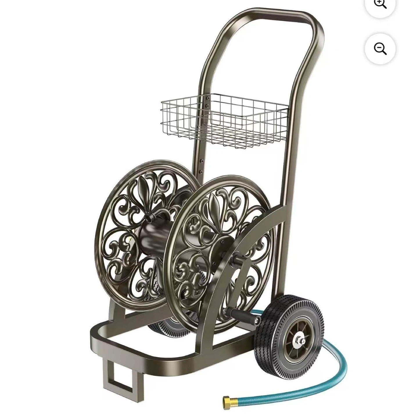 Decorative Garden Hose Reel Cart with Storage Basket