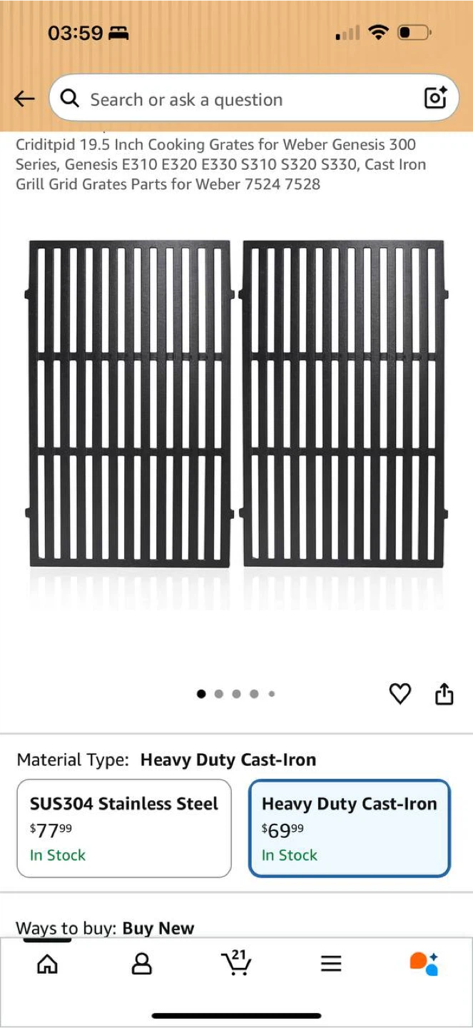 Cast Iron Cooking Grates for Weber Genesis 300 Series – New