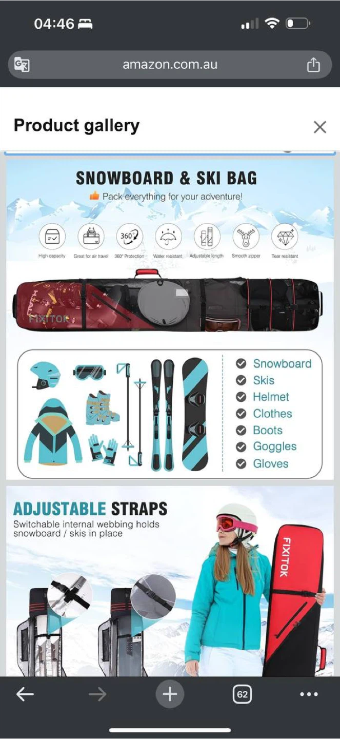FIXITOK Ski / Snowboard Travel Bag – Padded – Adjustable Length - photo 4
