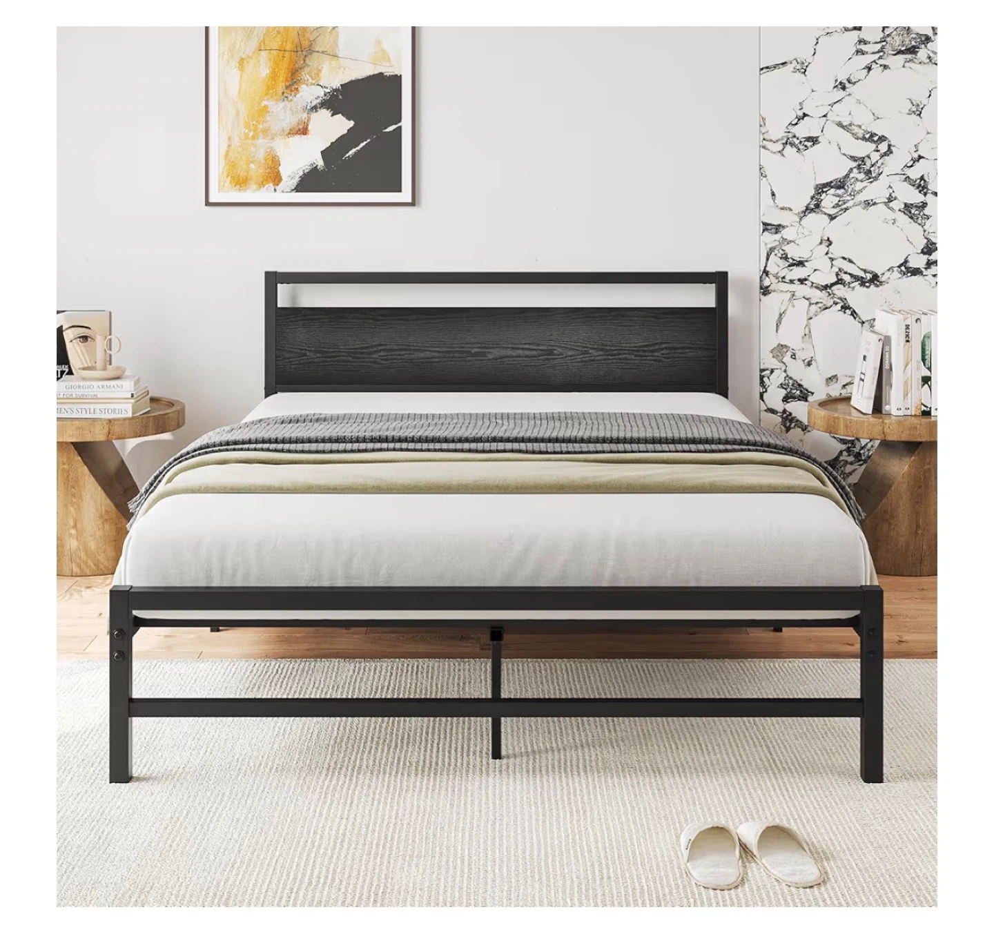 Queen Black Metal Bed Frame with Wood Headboard