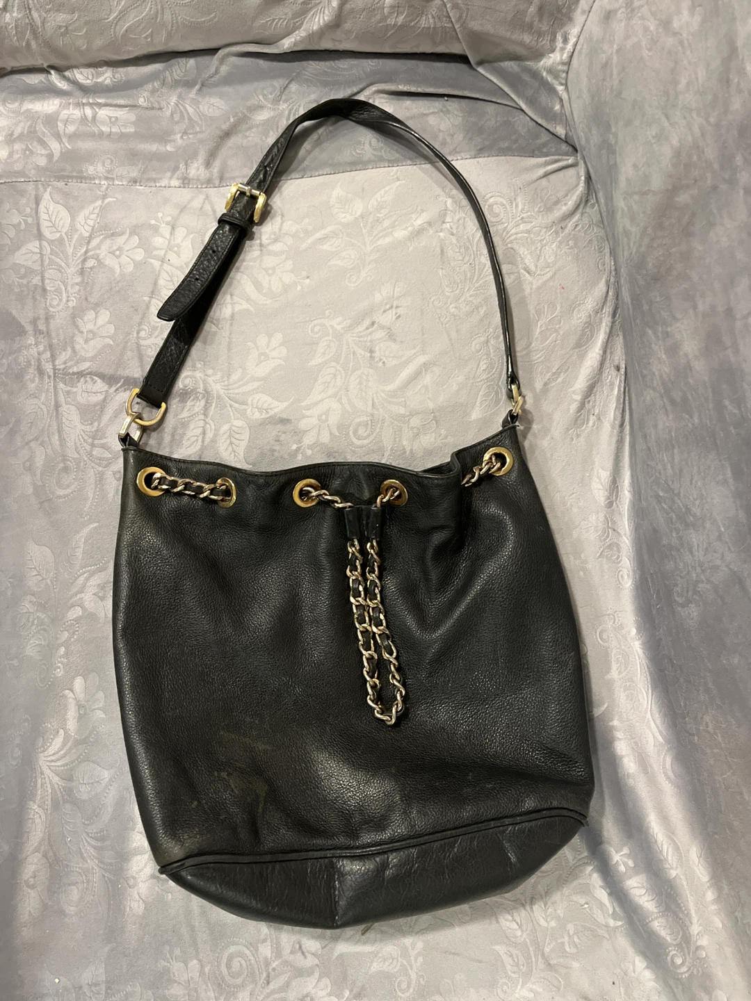 Black Leather Drawstring Shoulder Bag with Chain Detail