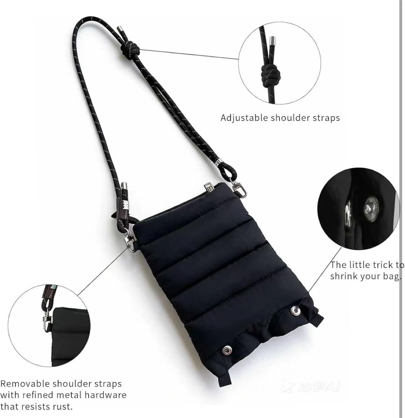 Black Puffer Mini Bag with Adjustable Strap - photo 4