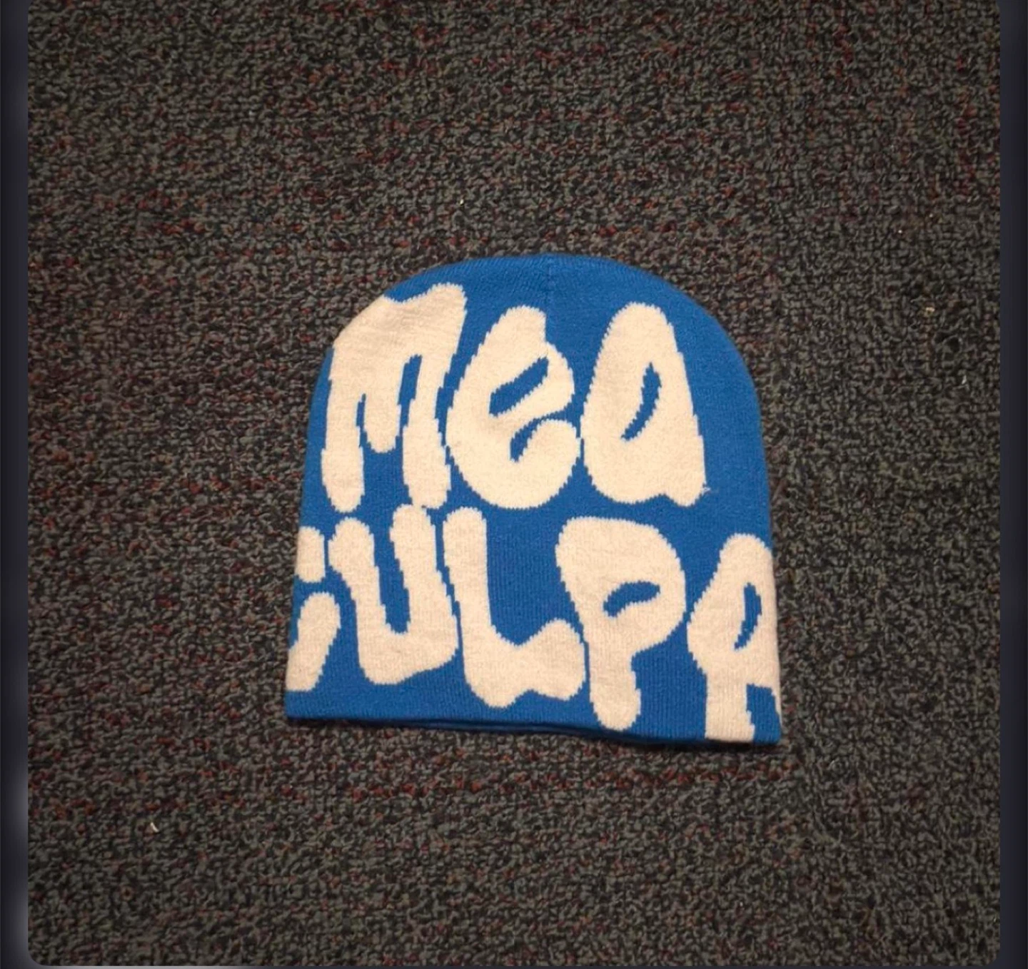 Mea Culpa blue and white beanie