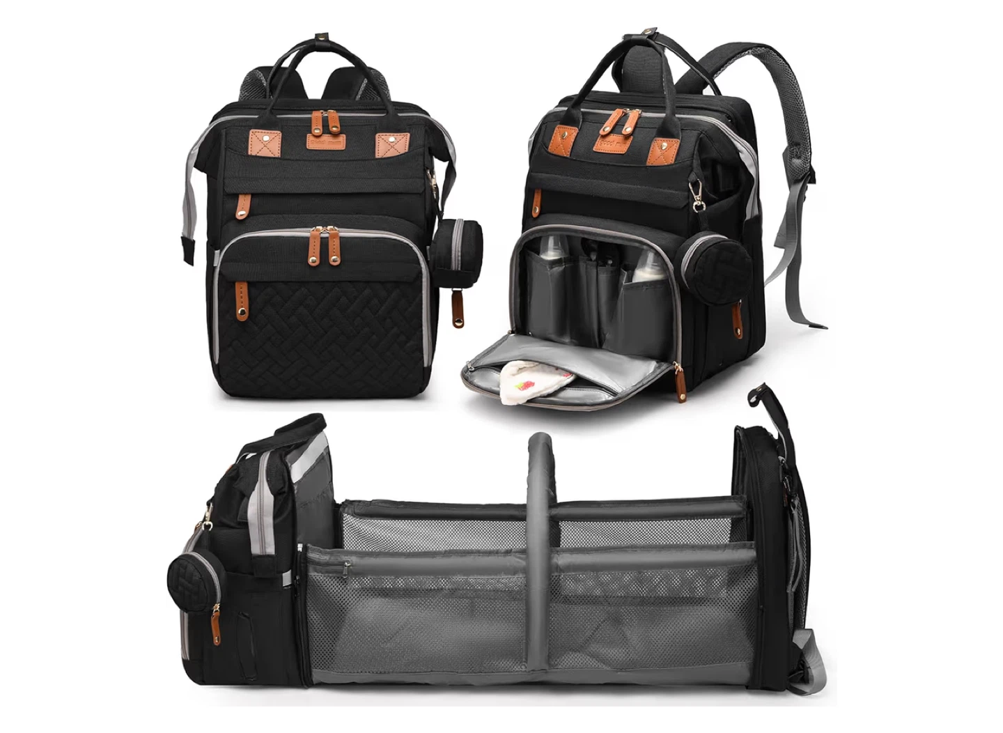Black Diaper Bag Backpack with Bassinet