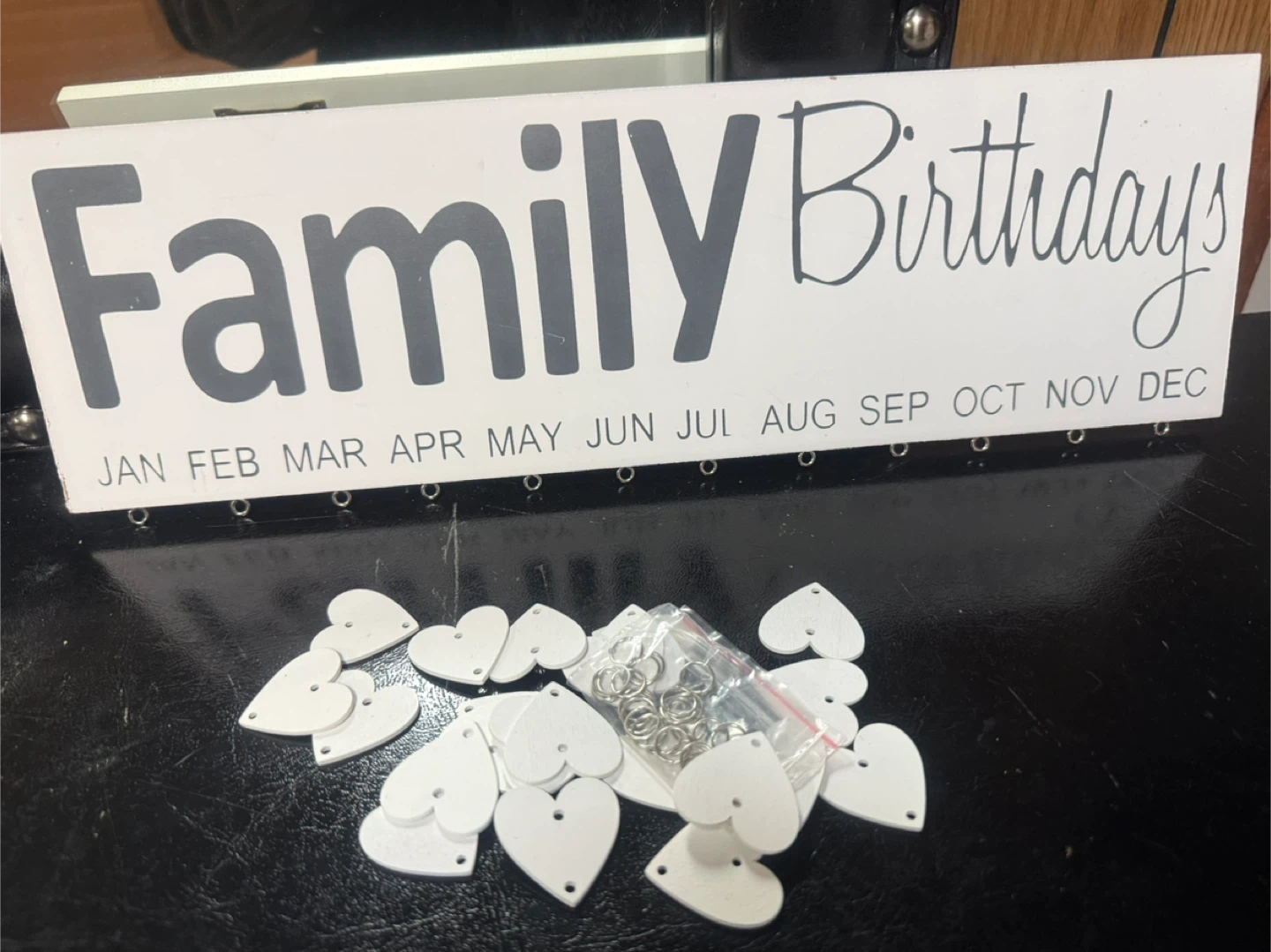 H837 Family Birthdays Wooden Sign with Heart Charms