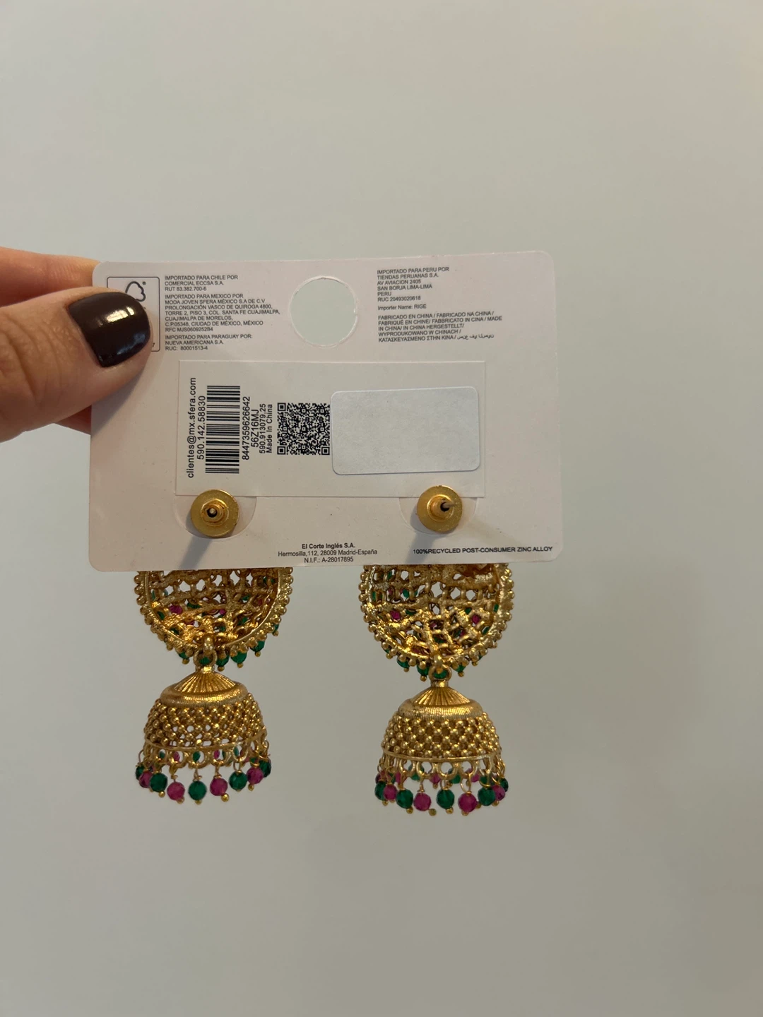 Gold Jhumka Earrings with Red and Green Beads - photo 2