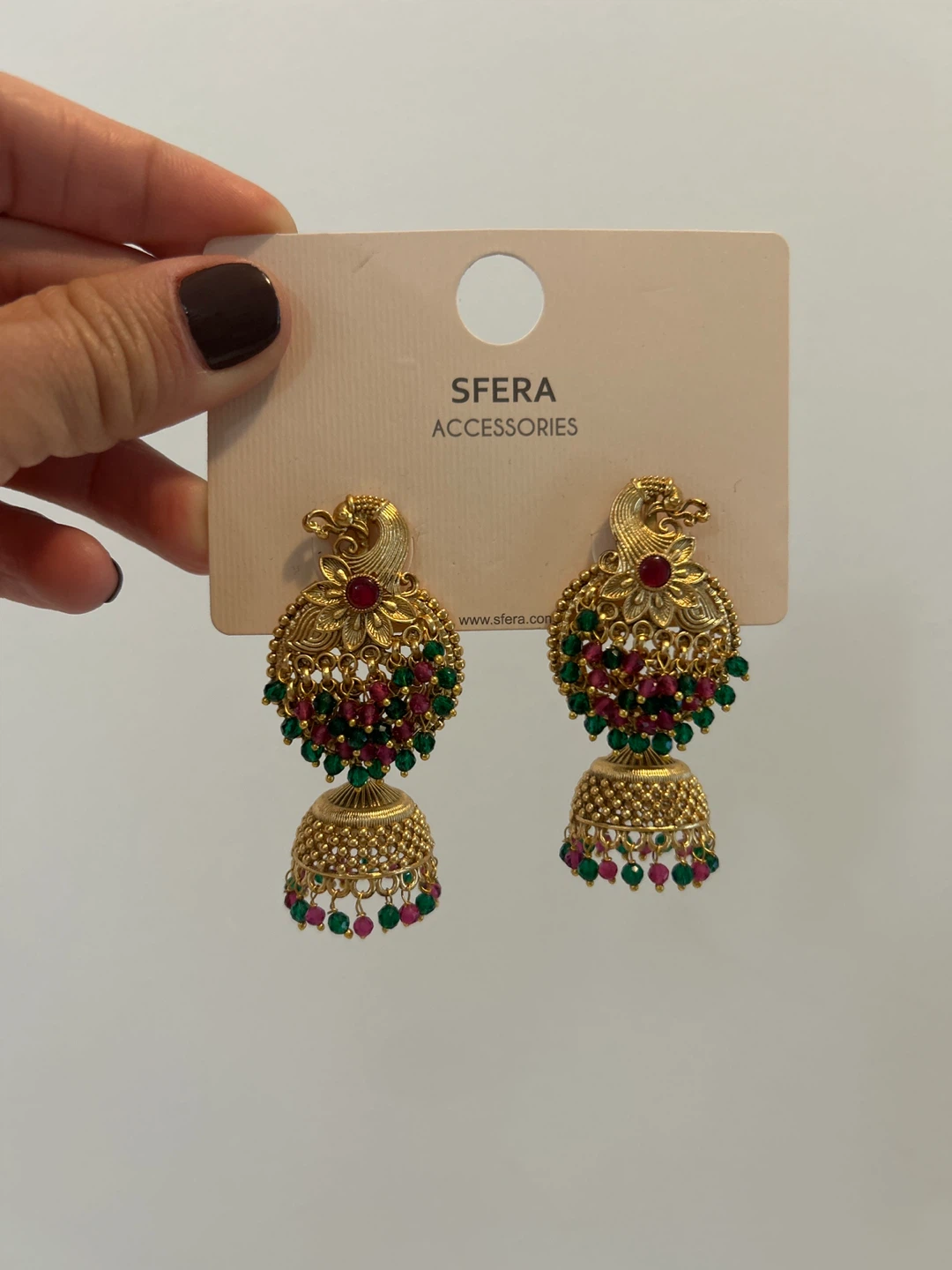 Gold Jhumka Earrings with Red and Green Beads
