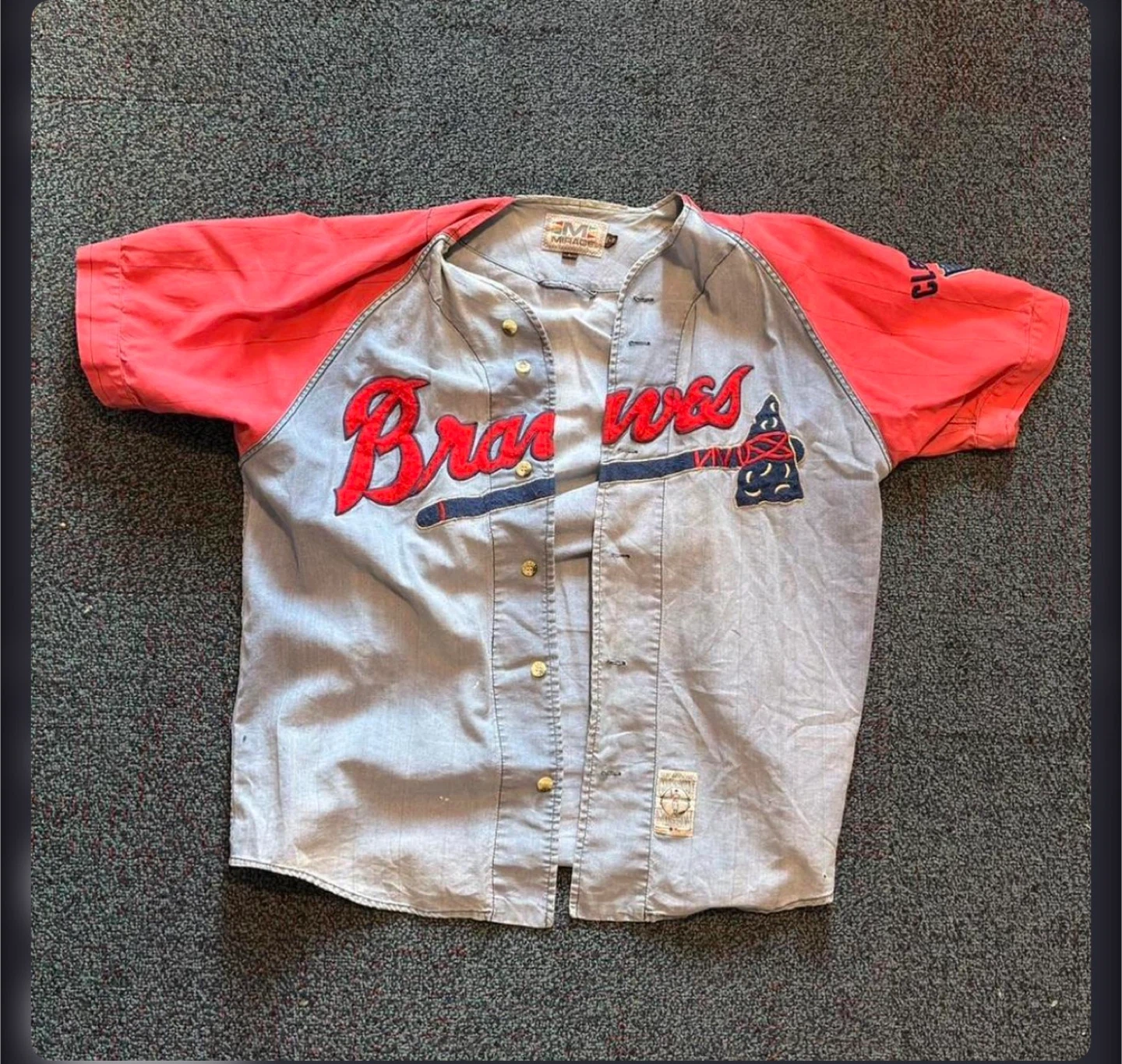 Retro 90s Atlanta Braves Red/Blue Denim Baseball Jersey. Size L