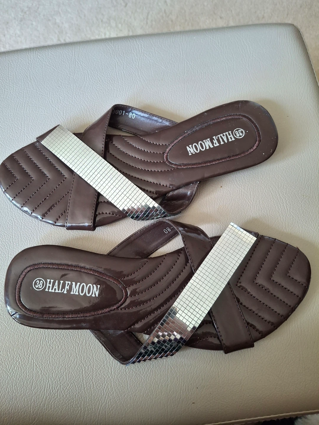 Half Moon brown sandals with silver crossover detail (unworn)