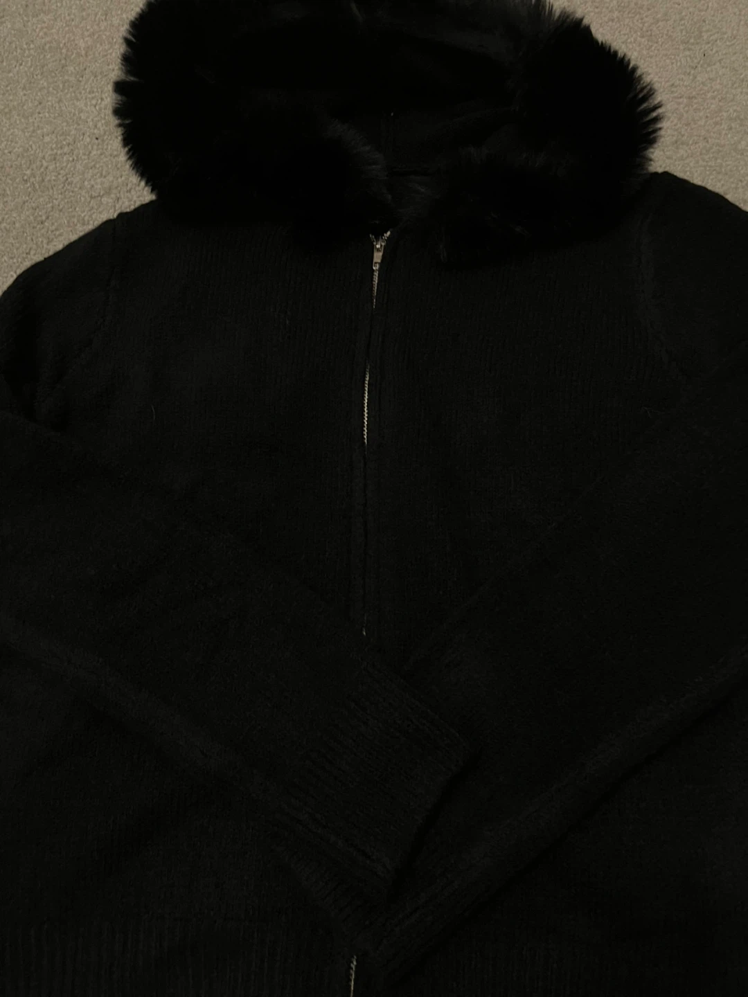 Black hooded cardigan with faux fur trim