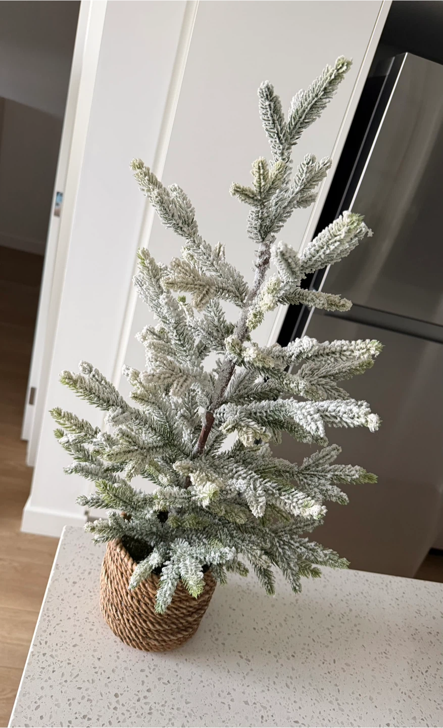 Snowy Faux Christmas Tree in Woven Style Pot
