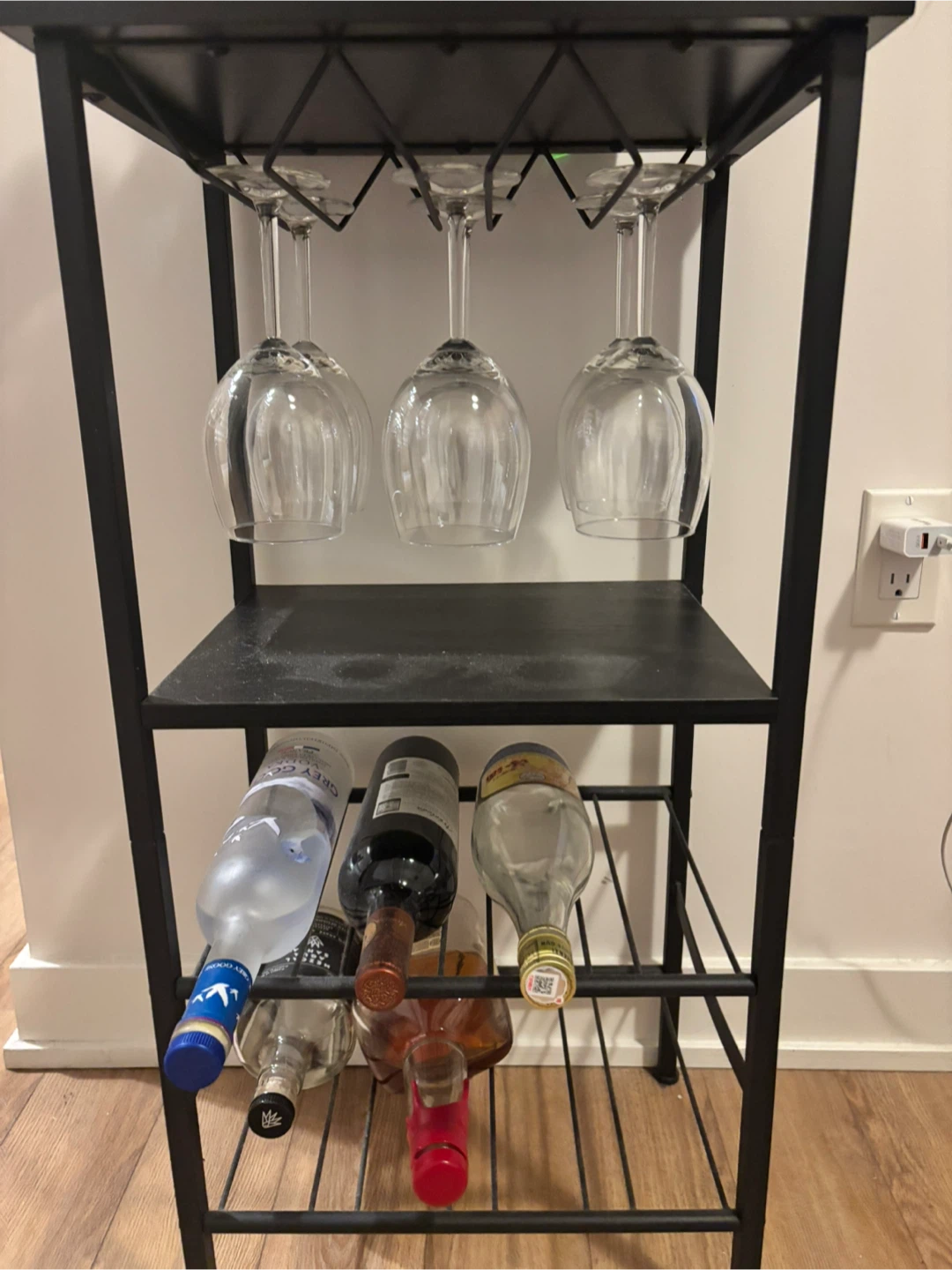 Black Metal Bar Cart with Wine Glass Holder- comes with glasses - photo 2
