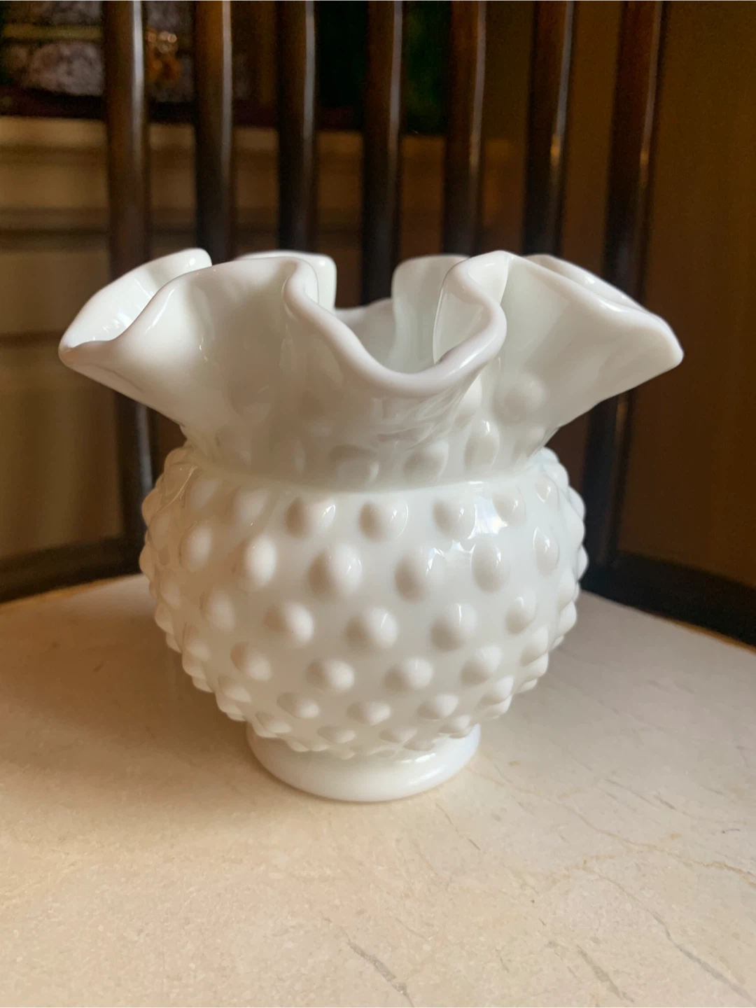 White Fenton Hobnail Milk Glass Vase with Ruffled Rim