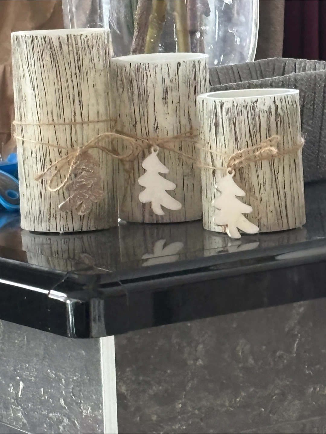 Set of 3 Birch Bark Style LED Candles with Tree Ornaments