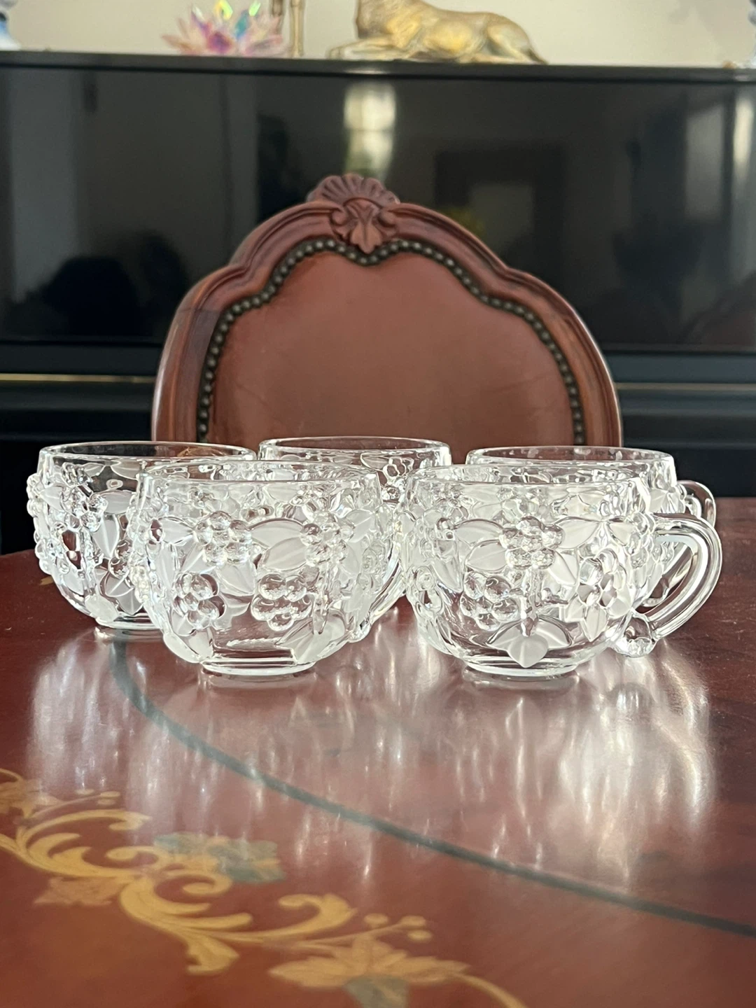 Set of 5 Clear Glass Cups with Floral Etching