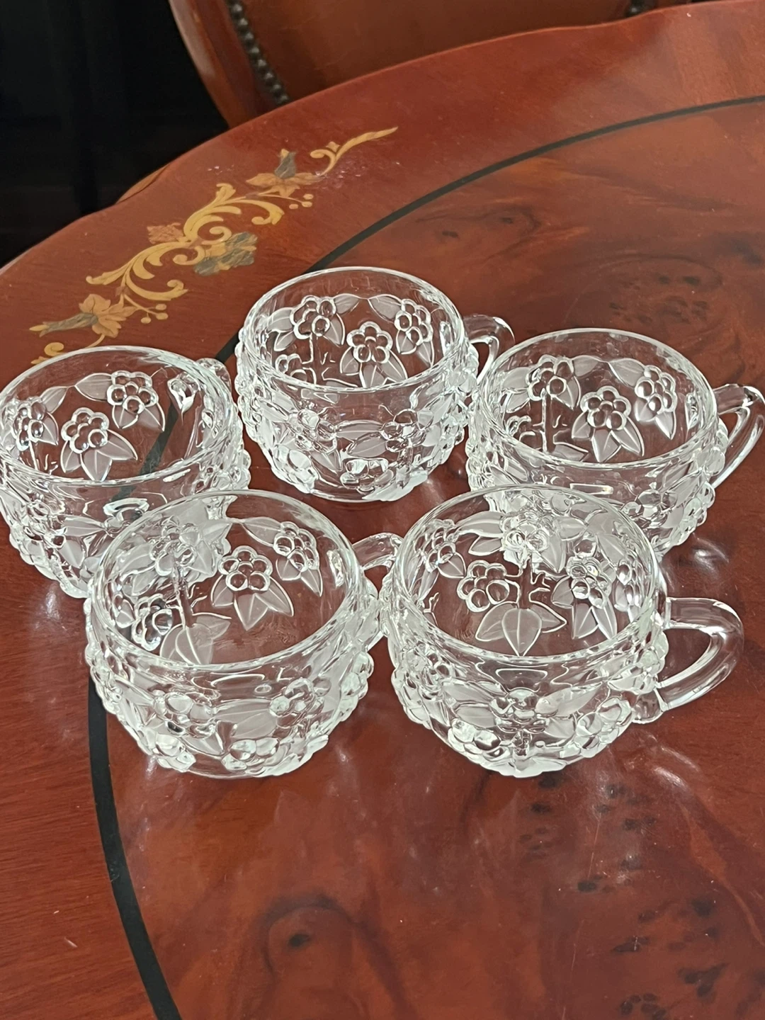 Set of 5 Clear Glass Cups with Floral Etching - photo 2