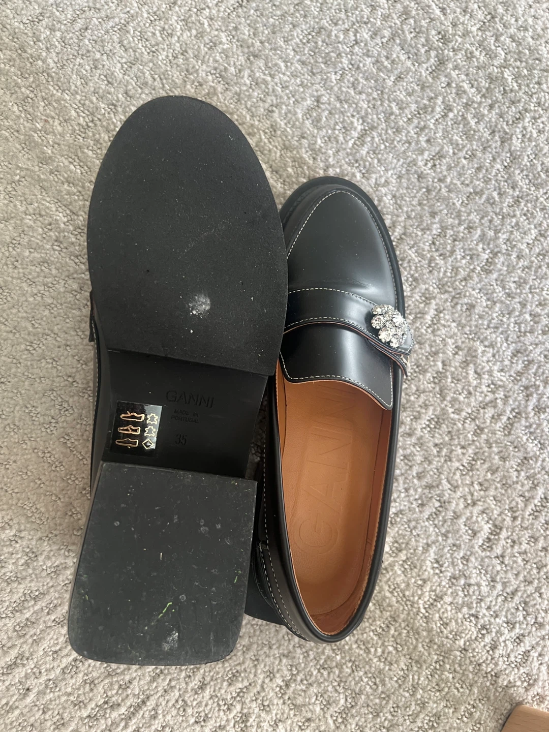 Ganni Black Leather Loafers with Crystal Embellishment - Size 35 - photo 3