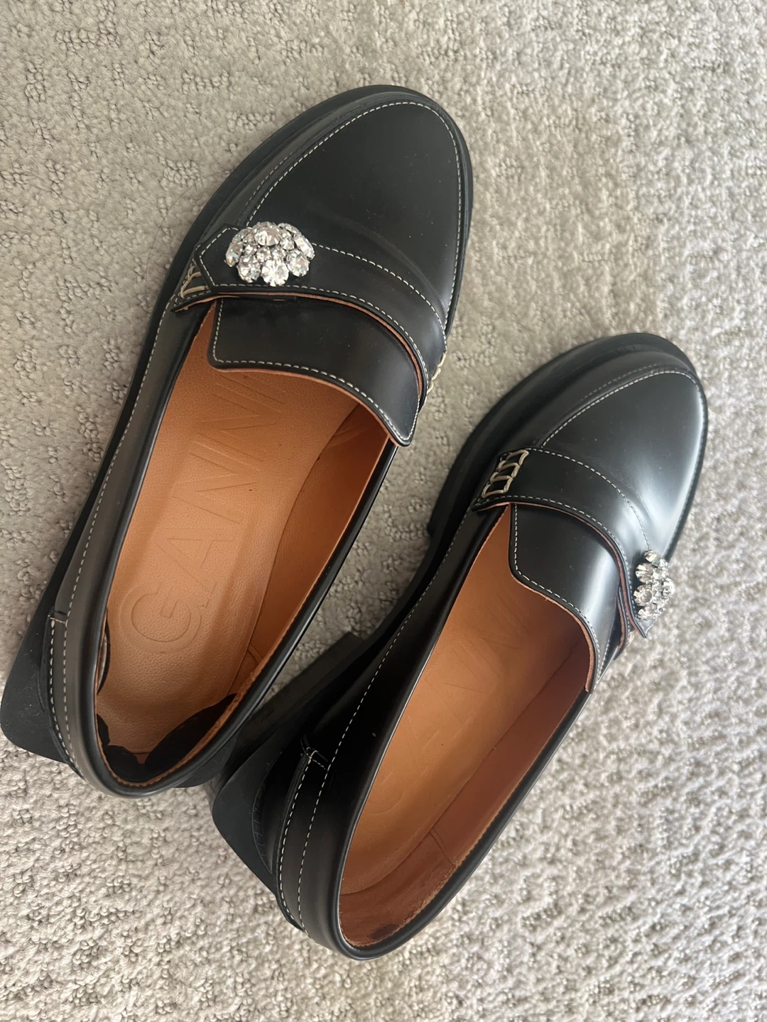 Ganni Black Leather Loafers with Crystal Embellishment - Size 35