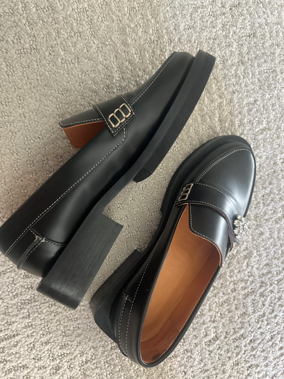Ganni Black Leather Loafers with Crystal Embellishment - Size 35 - photo 2