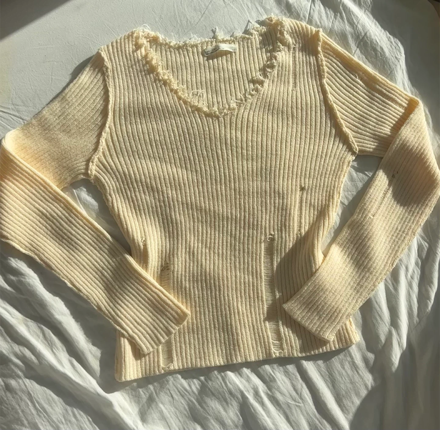 Oak+Fort Cream Distressed Ribbed Sweater - photo 2