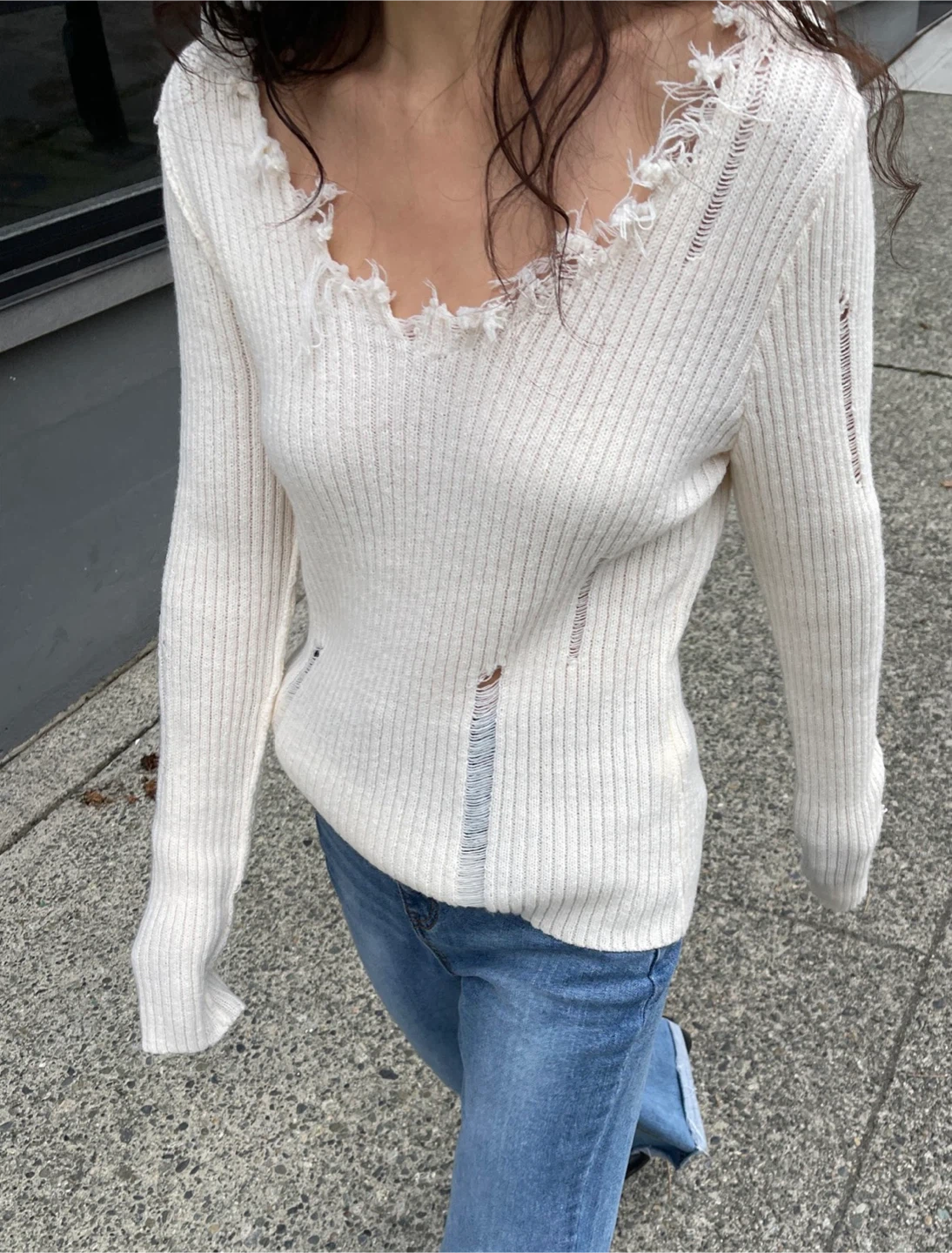 Oak+Fort Cream Distressed Ribbed Sweater