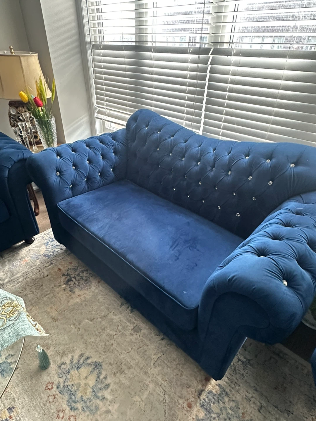 Blue Velvet Tufted Sofa with Crystal Accents - photo 3