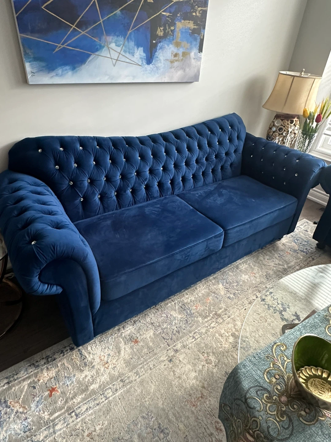 Blue Velvet Tufted Sofa with Crystal Accents