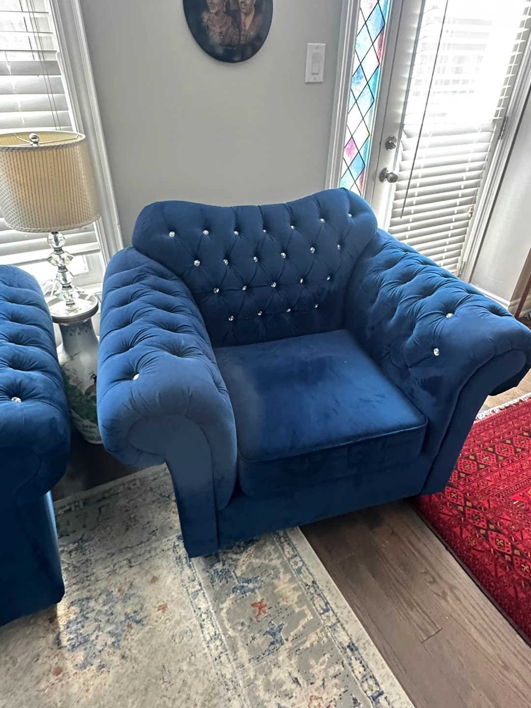 Blue Velvet Tufted Sofa with Crystal Accents - photo 2