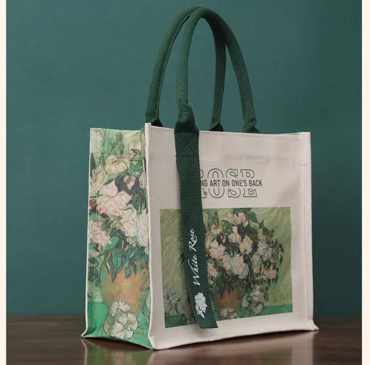 White Rose Tote Bag with Art Print