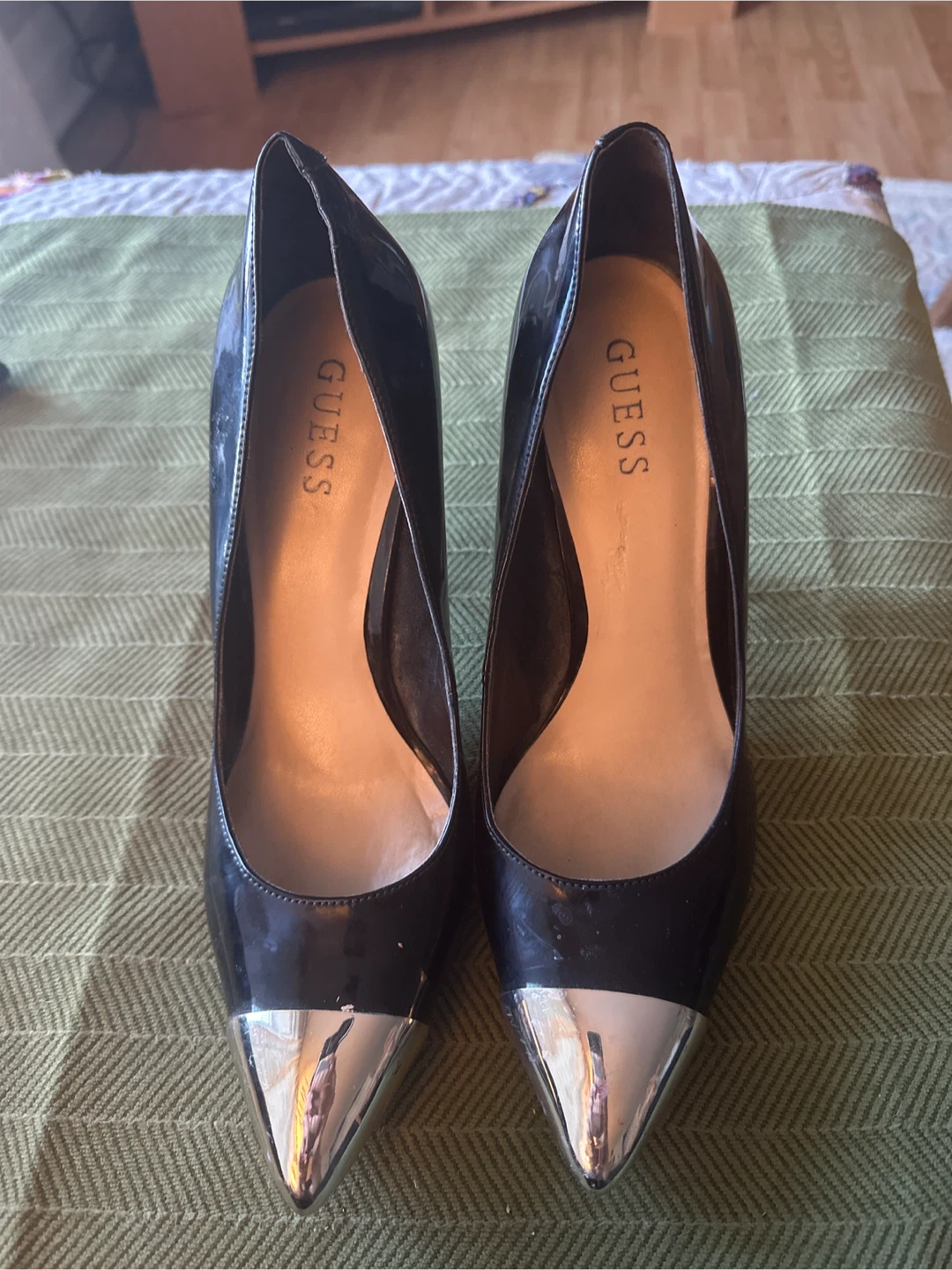 Guess Women's Black Patent Heels with Silver Toe Cap