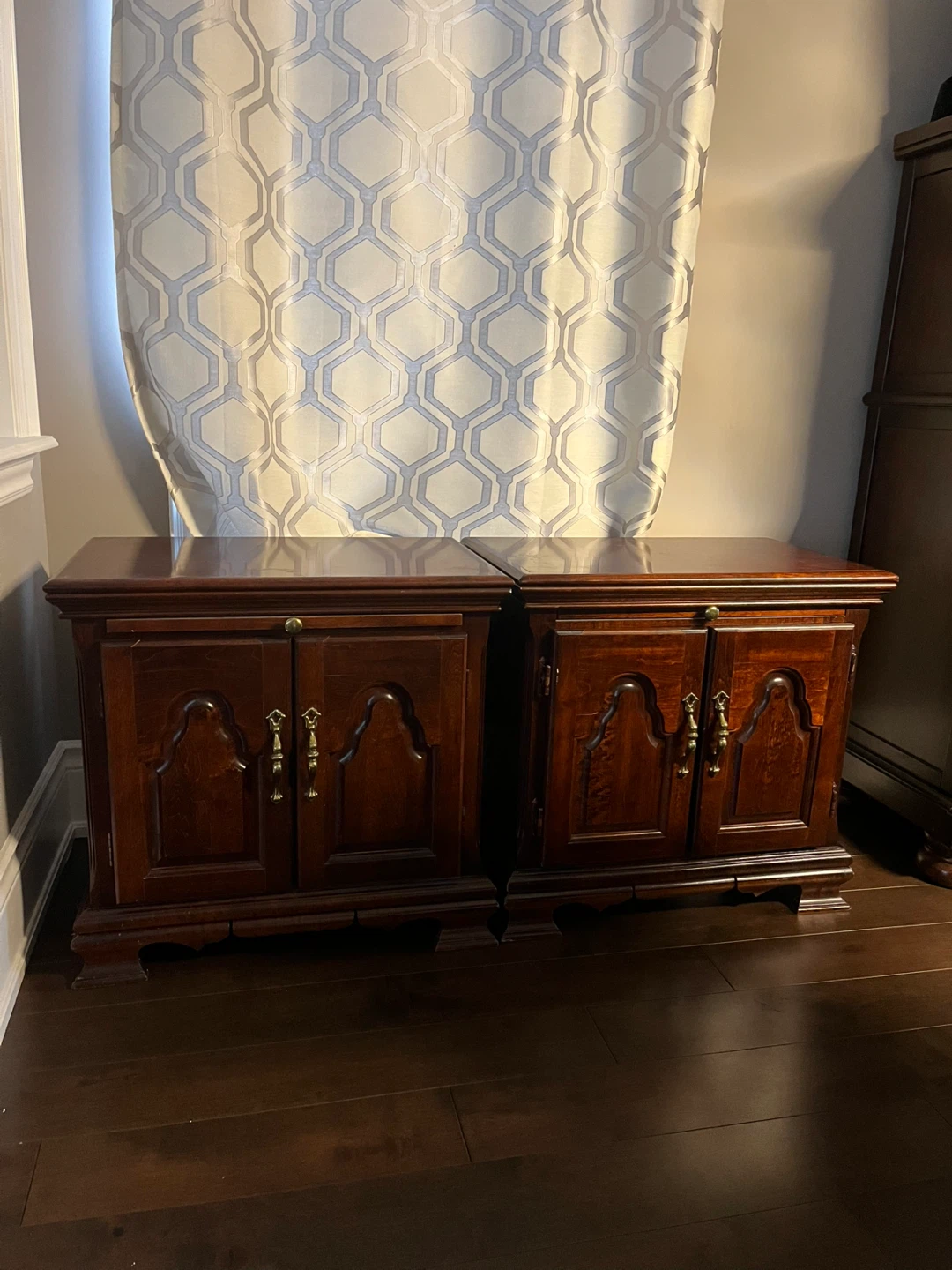 Pair of Dark Wood Nightstands with Doors