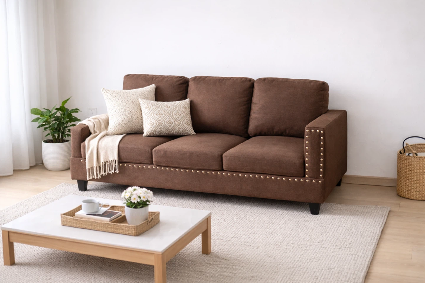 Brown Three-Seater Sofa with Stud Detailing