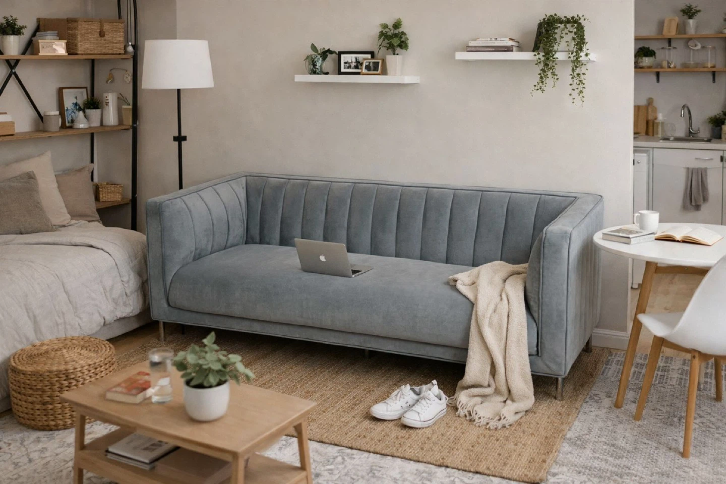Brand New Modern Velvet Sofa – Light Grey – Never Used