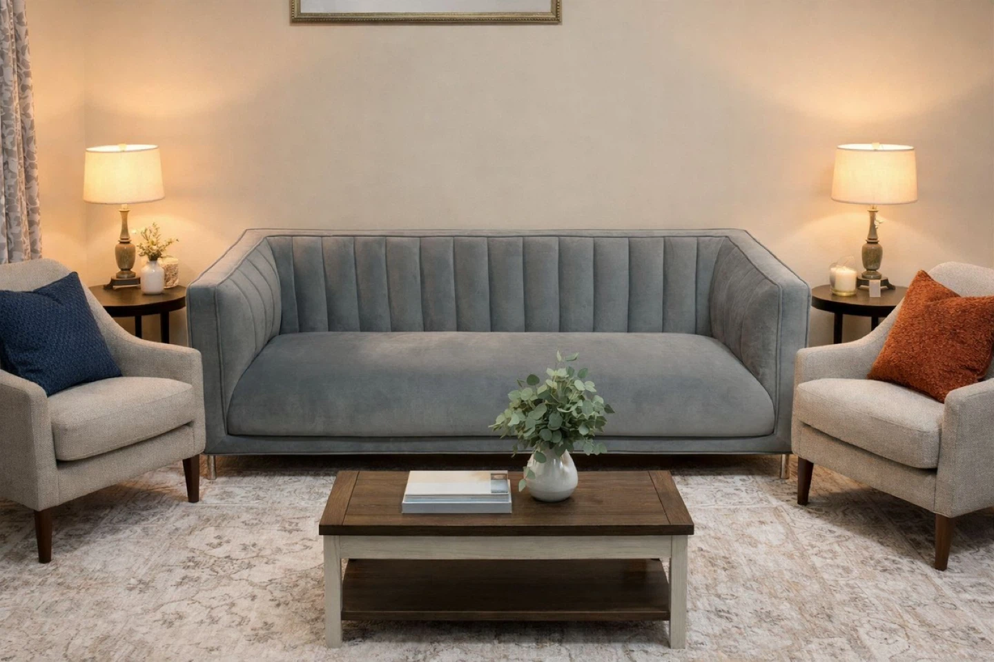 Brand New Modern Velvet Sofa – Light Grey – Never Used - photo 2
