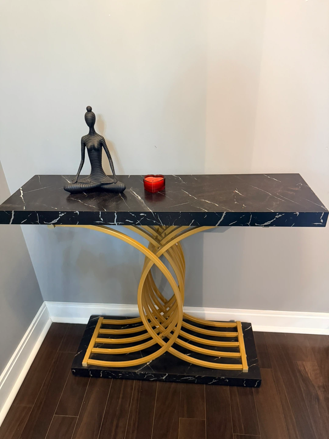 Black Marble Top Console Table with Gold Base