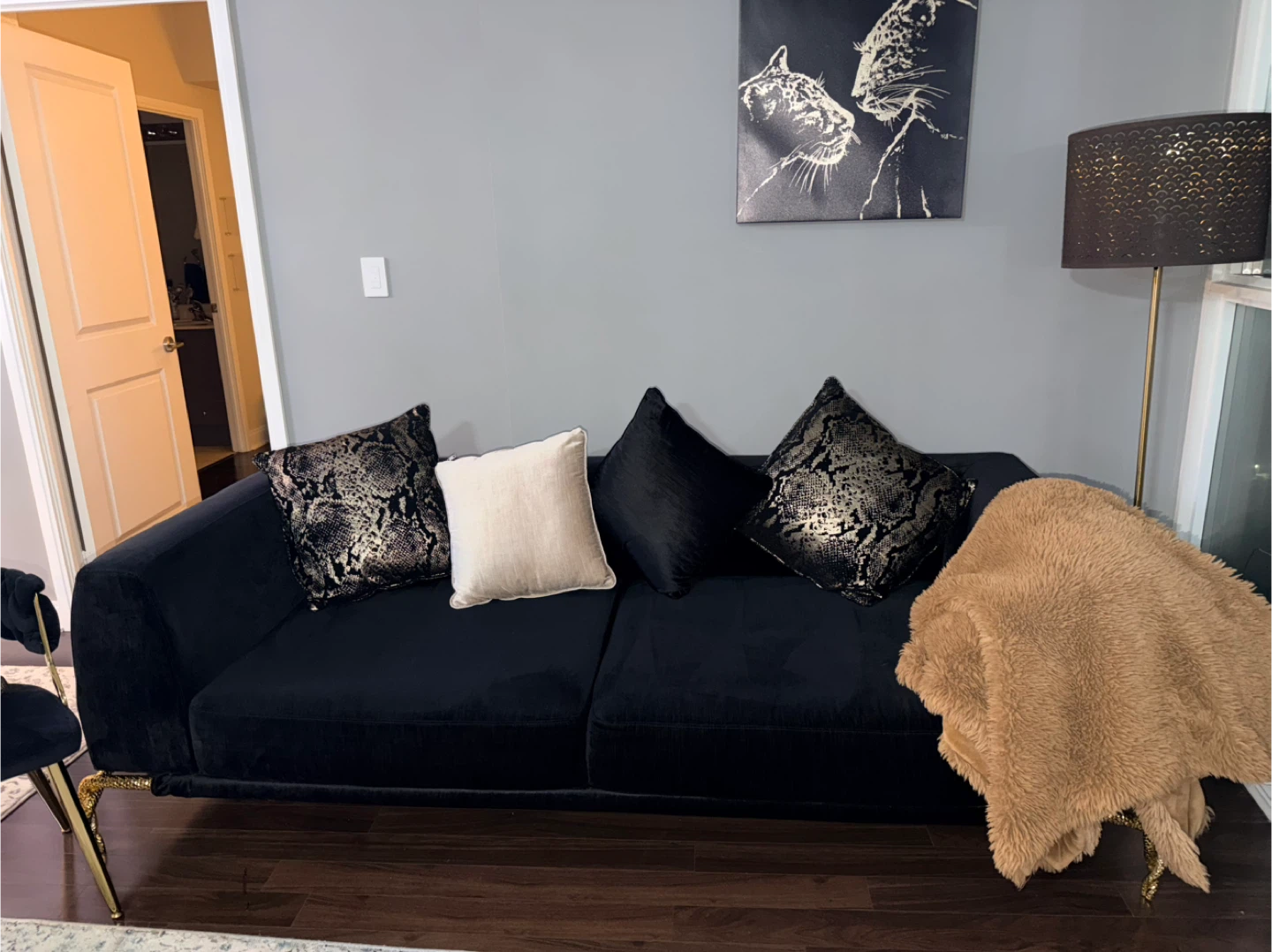 2 piece Black Velvet Sofas with Gold Accents