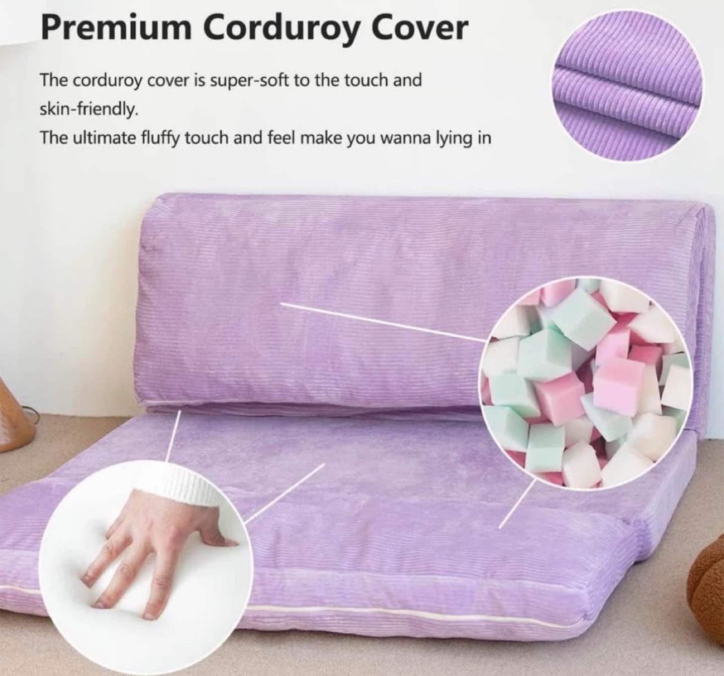 Purple Corduroy Foldable Floor Sofa Bed - photo 5