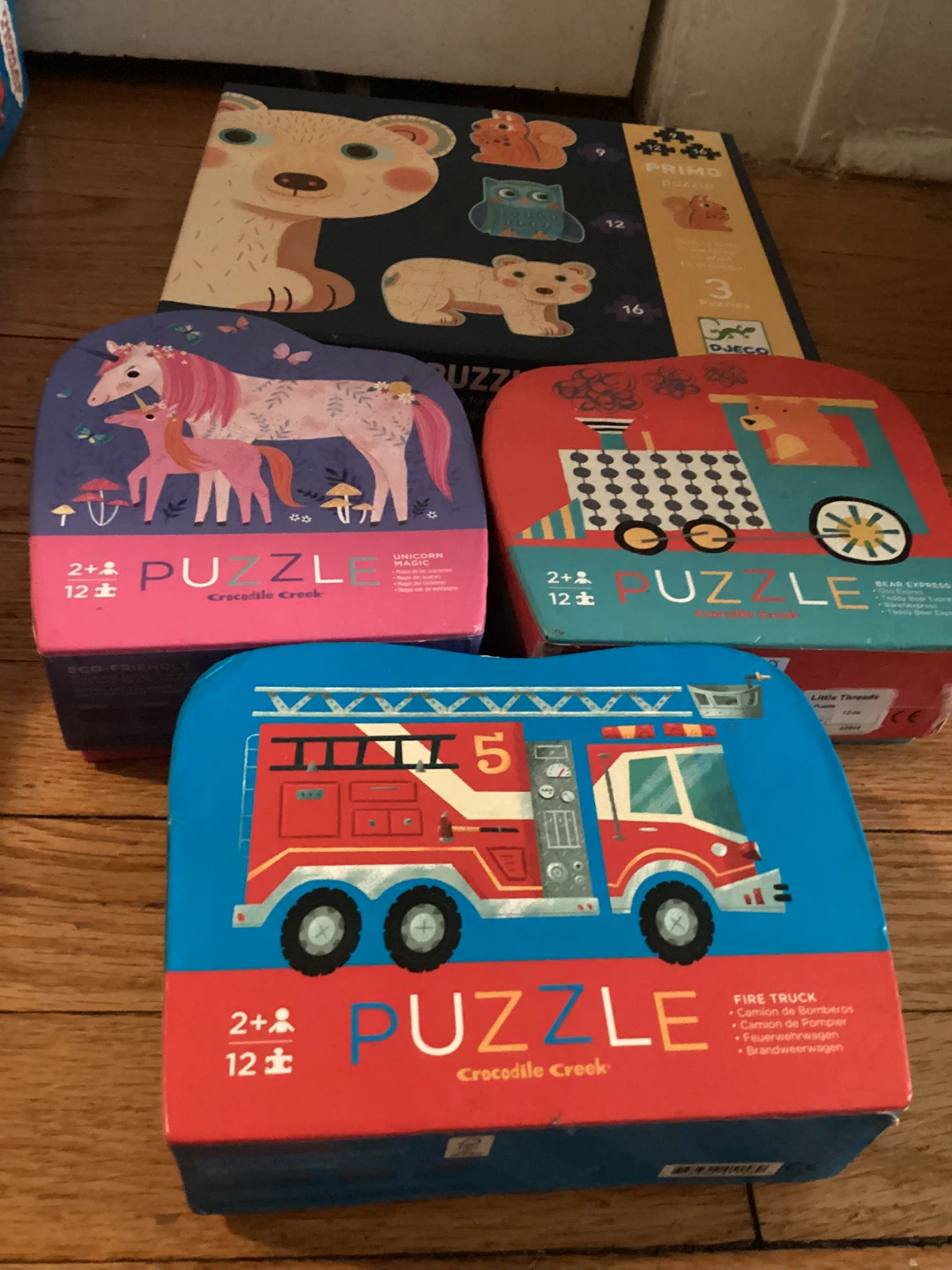 Crocodile Creek and Djeco Puzzles - Unicorn, Fire Truck, Bear