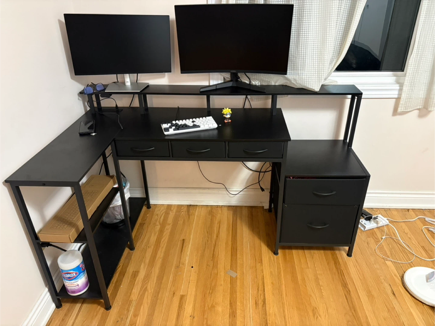 Black L-Shaped Computer Desk with Shelving and Drawers