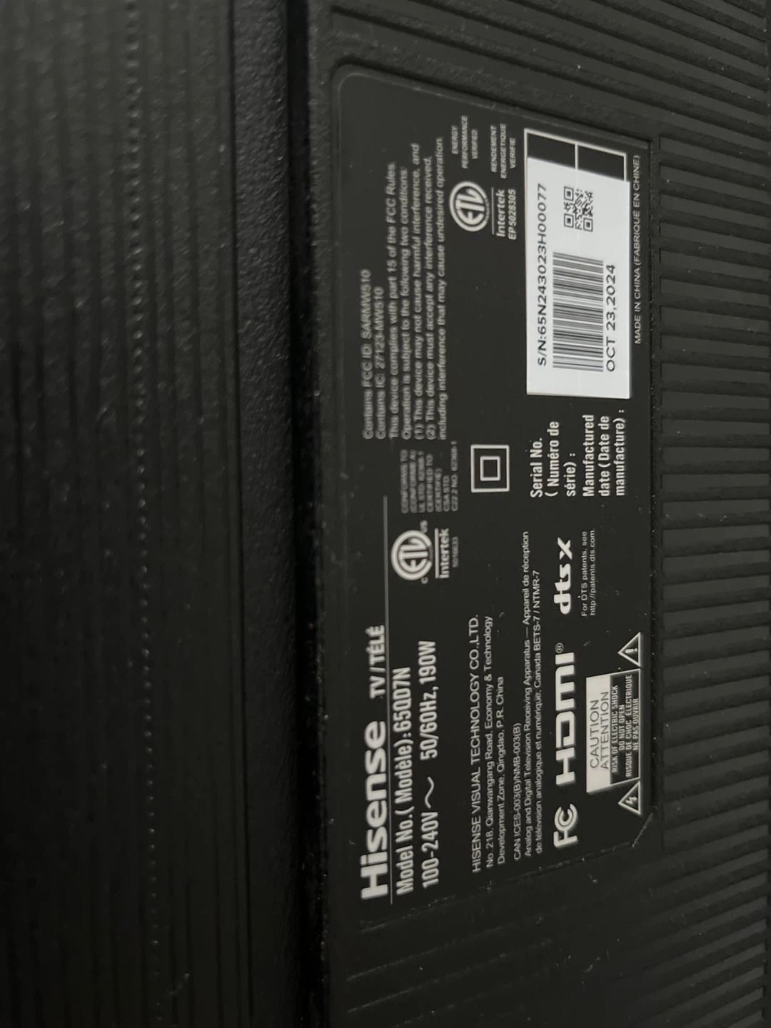 Hisense 65" TV Model 65QD7N